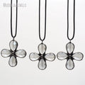NM49699 Soldered Jewelry Faceted Aqua Blue Glass Crystal Cross Crucifix Flower Petal Pendant Leather Necklace Gunmetal Plated
