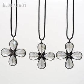 NM49699 Soldered Jewelry Faceted Aqua Blue Glass Crystal Cross Crucifix Flower Petal Pendant Leather Necklace Gunmetal Plated