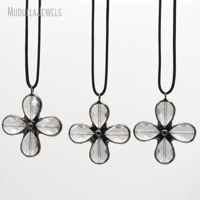 NM49699 Soldered Jewelry Faceted Aqua Blue Glass Crystal Cross Crucifix Flower Petal Pendant Leather Necklace Gunmetal Plated