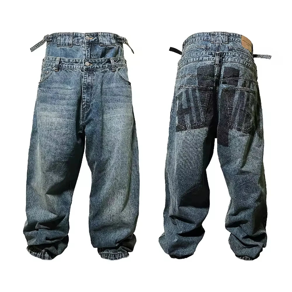 High Quality Custom Men's Baggy Cargo Pants Punk Style Denim Wide Leg Boyfriend Streetwear Button Decoration Hip Hop for Spring