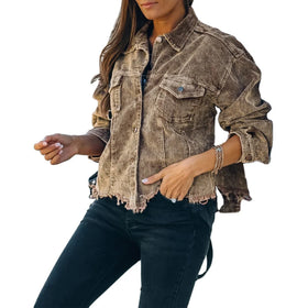 Women's Distressed Cotton Corduroy Jacket Vintage Washed Short Coat with Frayed Hem Casual Streetwear Outerwear