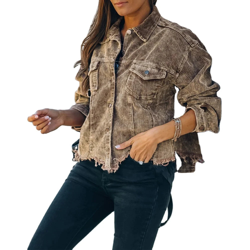 Women's Distressed Cotton Corduroy Jacket Vintage Washed Short Coat with Frayed Hem Casual Streetwear Outerwear