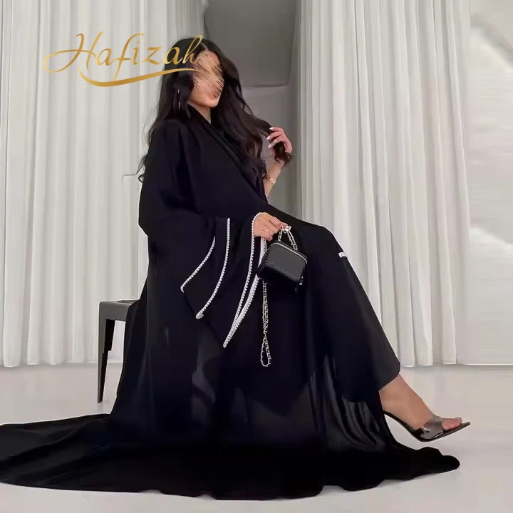 Elegant Black Beaded Abaya for Women Dubai Luxury Evening Dress Pearl Trim Muslim Long Robe Modest Islamic Clothing Party Wear