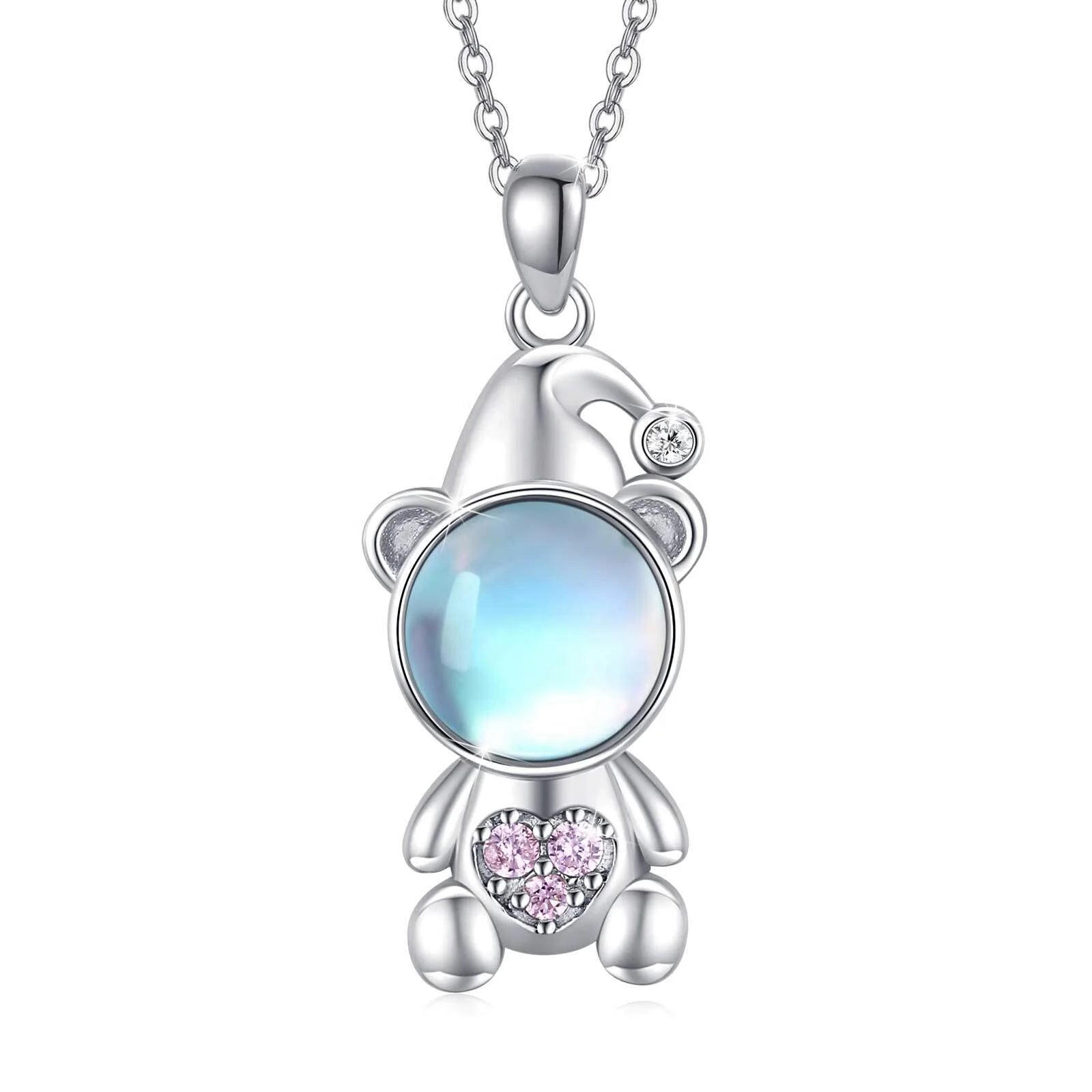 Fine Jewelry 925 Sterling Silver Rhodium Plated Cute Bear Moonstone Pendant Necklace