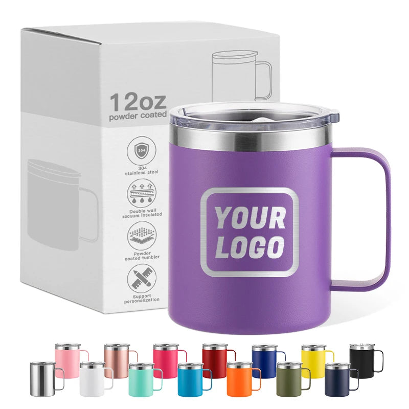 Custom logo 12oz 350ml Stainless Steel Insulated Vacuum Thermo Camping Travel Coffee Mug Tumbler with Handle and Sliding Lid