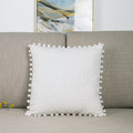 Striped Cushion Cover with Pom Poms Solid Color Boho Pillowcase Decorative Pillow for Sofa or Bed Beige Lumbar Pillow