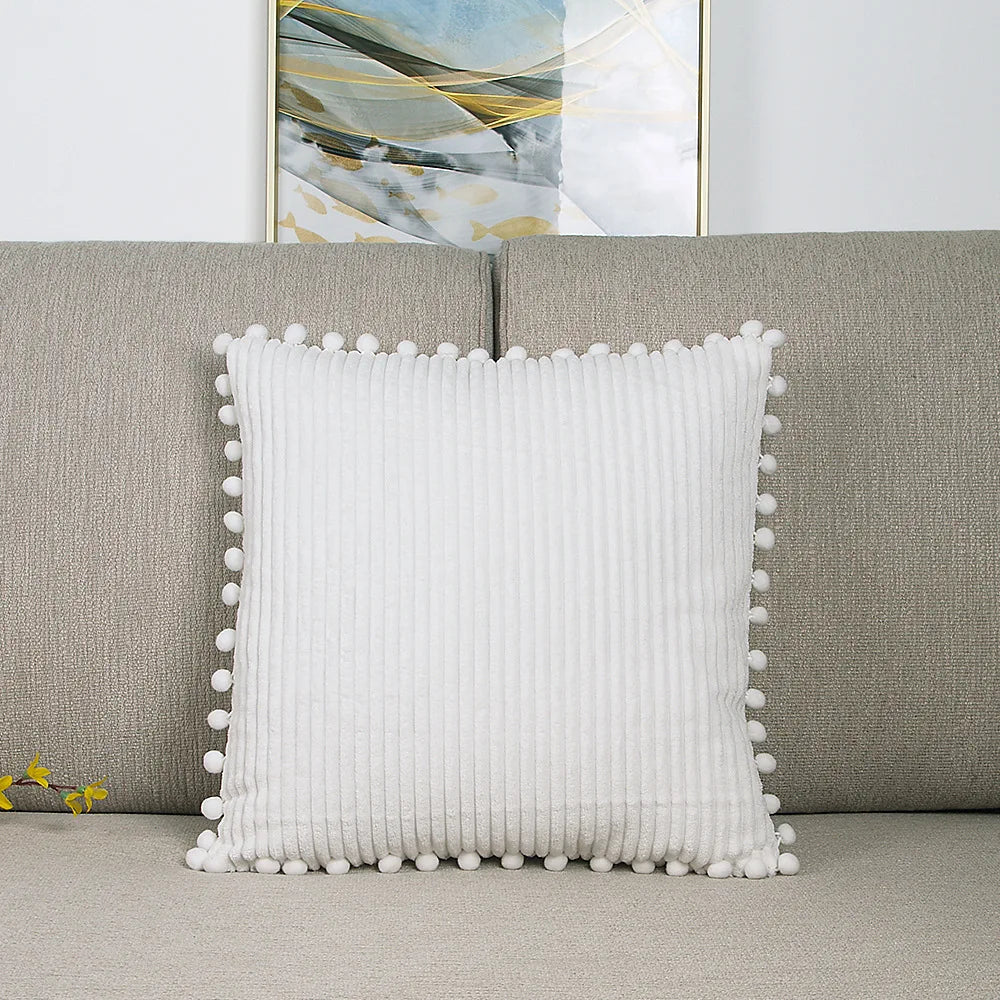 Striped Cushion Cover with Pom Poms Solid Color Boho Pillowcase Decorative Pillow for Sofa or Bed Beige Lumbar Pillow