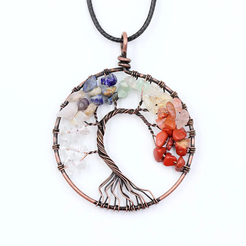 Antique Bronze Plated Wire Wrap Chip Tree of Life 7 Chakras Crystal Stone Healing Crystals Pendant for Necklace Amethyst
