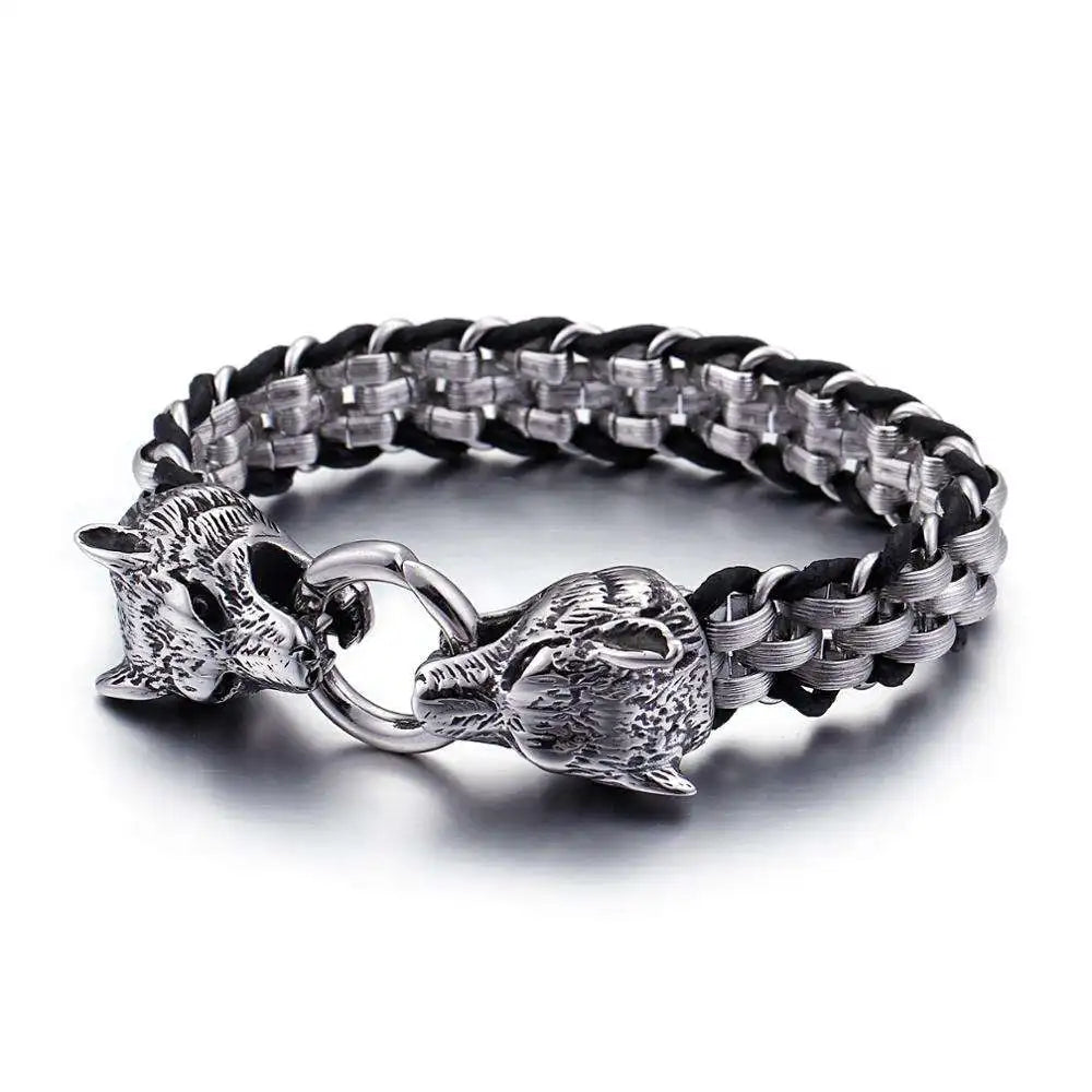 KALEN Stainless Steel Leather Animal Wolf Bracelet Silver Bracelet for Men