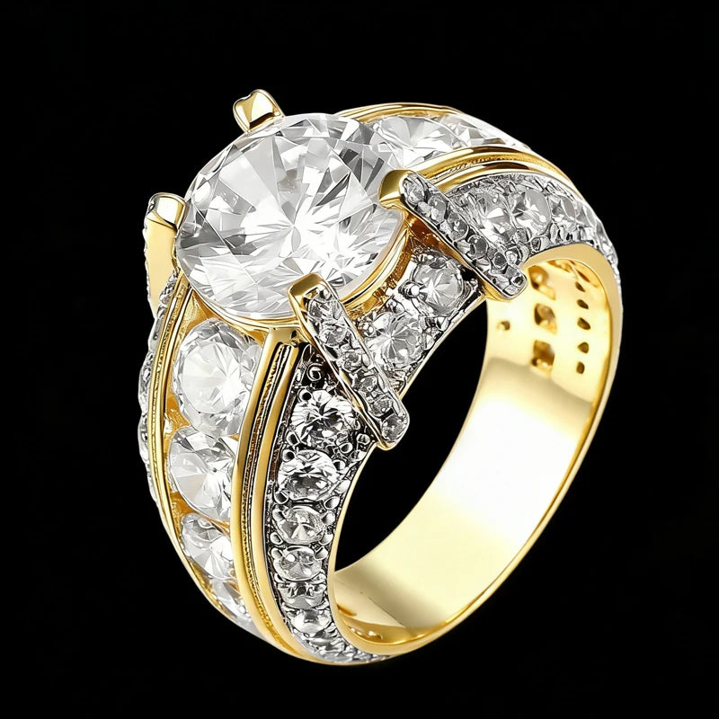 Daily Wear Gold-Tone Brass Iced Out Cubic Zirconia Bling Jewelry Men Women Statement Ring