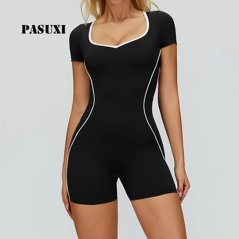 PASUXI Women's Lightweight Elastic Breathable Sweat-Wicking Yoga Jumpsuit Contrasting Color Hollow Back Square Bodysuit