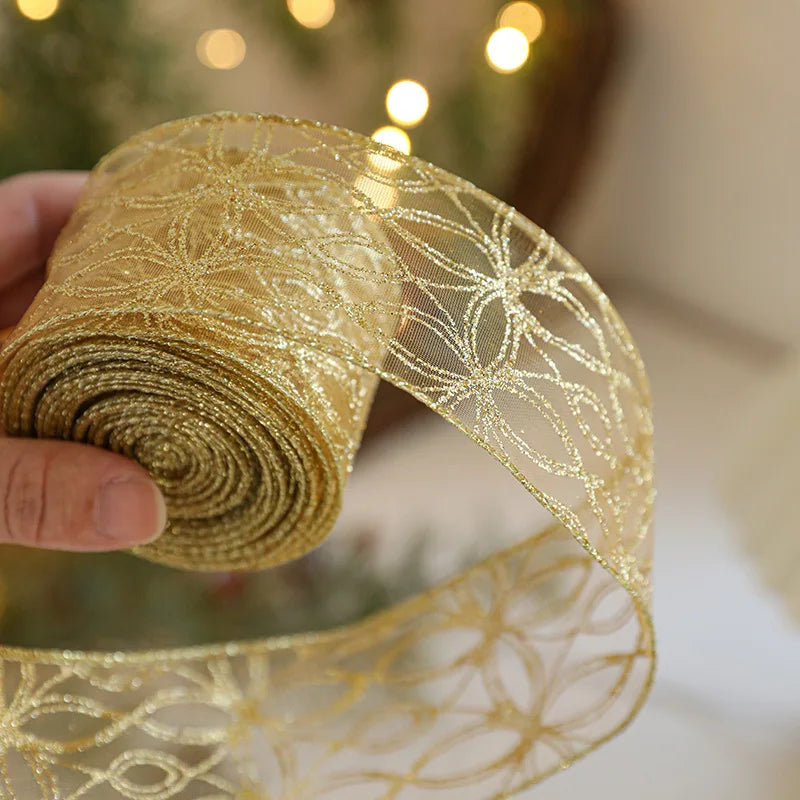 2025 Gold Merry Christmas Ribbons Roll Xmas Tree Decoration Printed Christmas Tree Ribbon 6.3CM Gold Christmas Ribbons