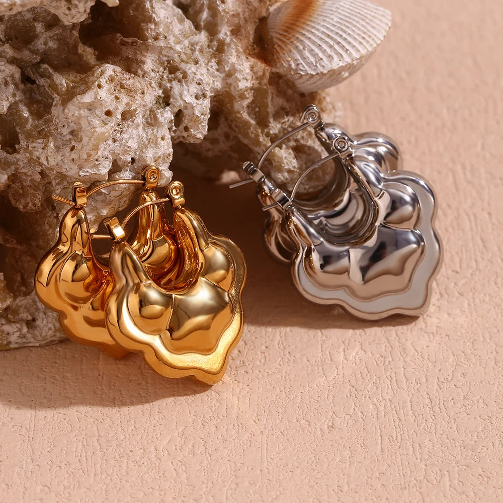 Dreamshow Hollow Double Layer Lotus Hoop Earrings 18k Gold Plated Stainless Steel Jewelry