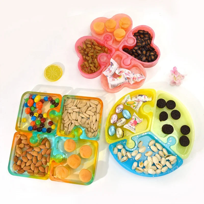 Candy Snack Storage Tray Mold Round Square Heart Puzzle Silicone Dish Mold
