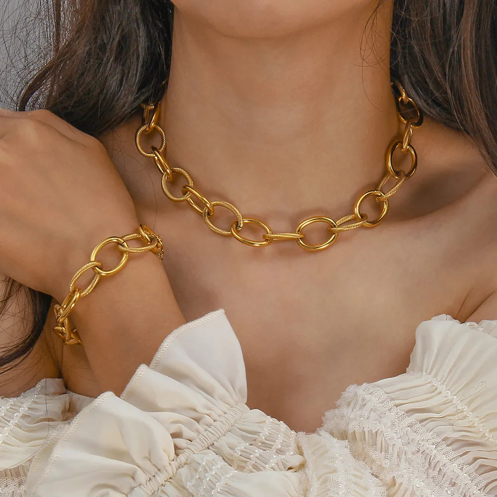 Hips Hops Punk 18K Gold Oval Link Chain Necklace Trendy Chunky Paperclip Chain Necklace for Women Men