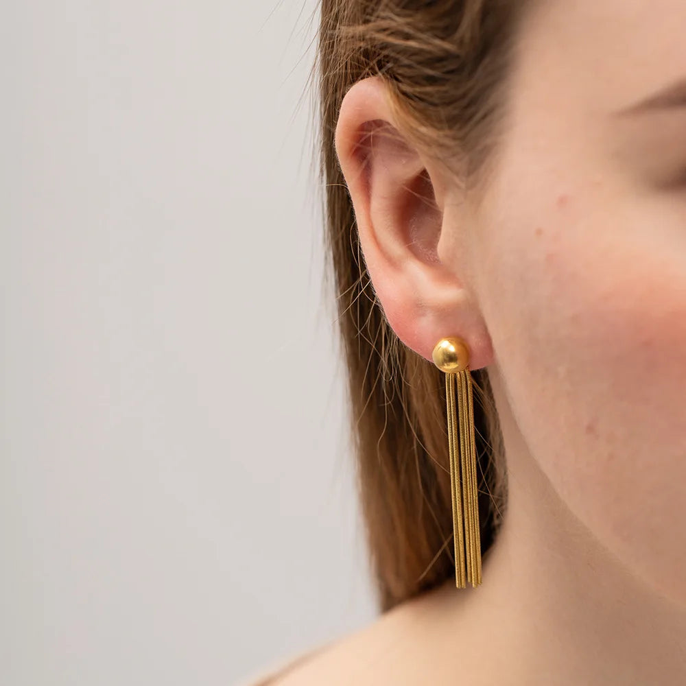 Waterproof Hypoallergenic Snake Chain Ball Stud Earrings Stainless Steel 18K Gold Plated Long Tassel Dangle Earrings