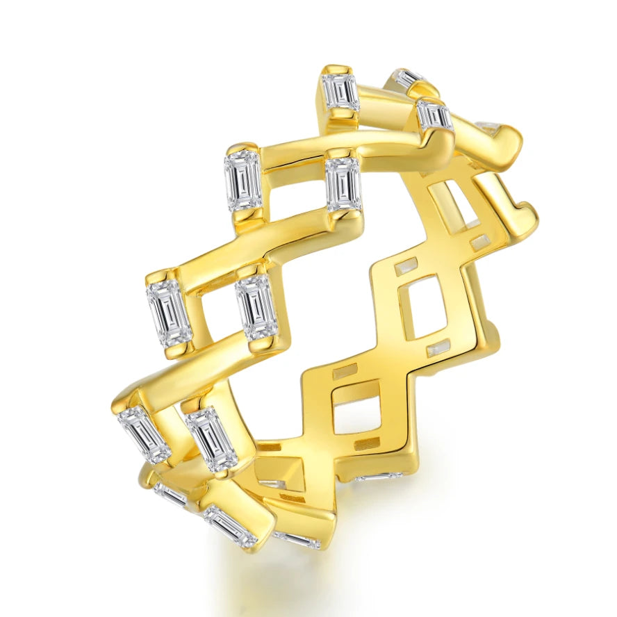 Yellow Gold Plated Eternity Band Zigzag Design Baguette Cubic Zirconia 925 Silver Wedding & Party Ring for Women