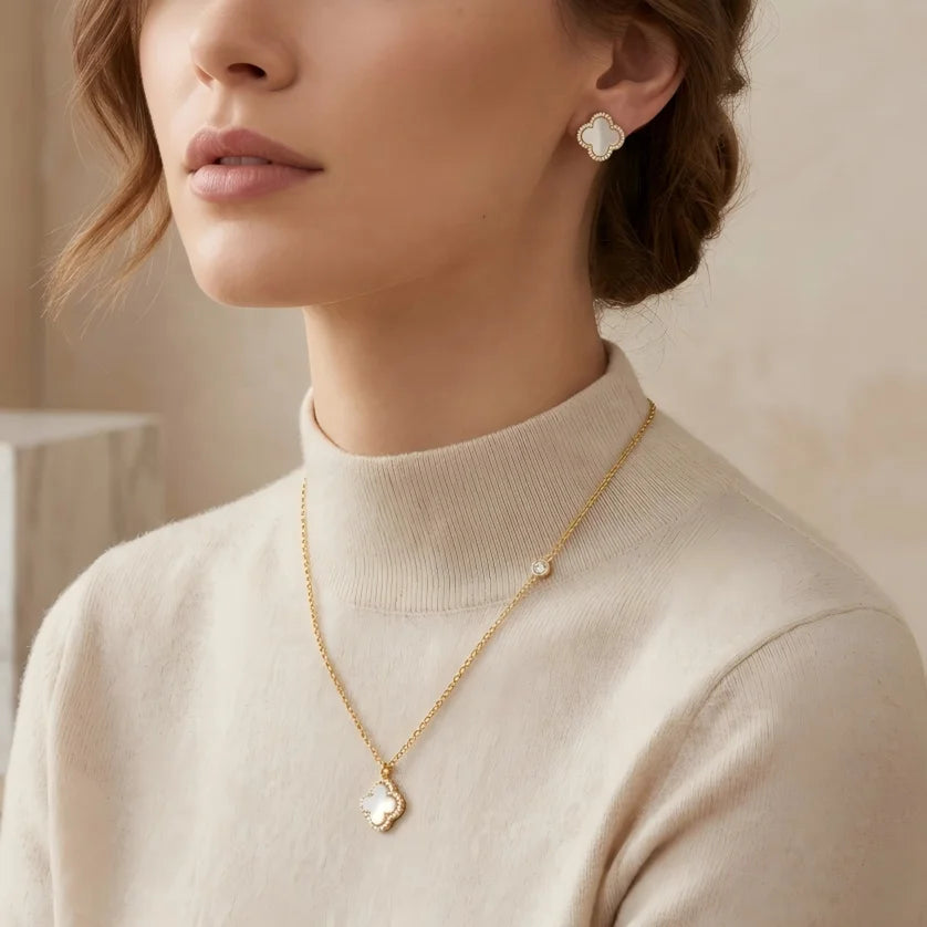 Ilona Elegant 18K Gold Plated Copper Flower Jewelry Set Mother of Pearl Lucky Clover CZ Necklace Earrings for Women