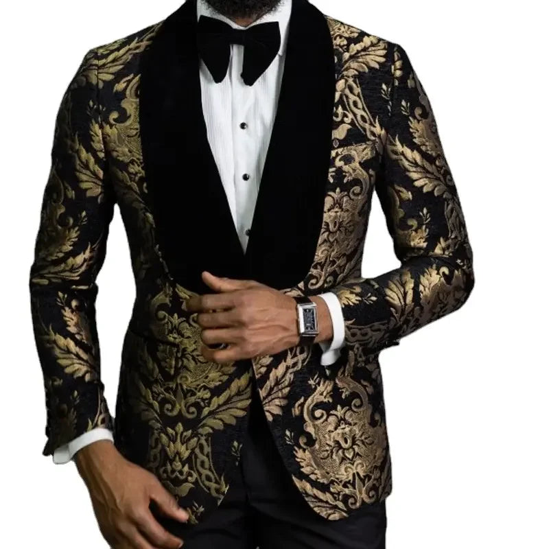F2023 Wedding Fashion 2-piece Black Floral Jacquard Ball Men's Suit Slim Velvet Shawl Lapel Wedding Groom Tuxedo blazer Popular