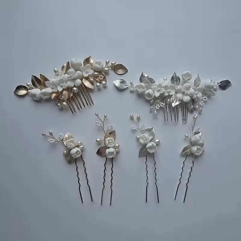 SLBRIDAL Handmade Crystal Rhinestone Freshwater Pearls Flower Bridal Hair Comb Hair Pin Set Wedding Hair Accessory Women Jewelry