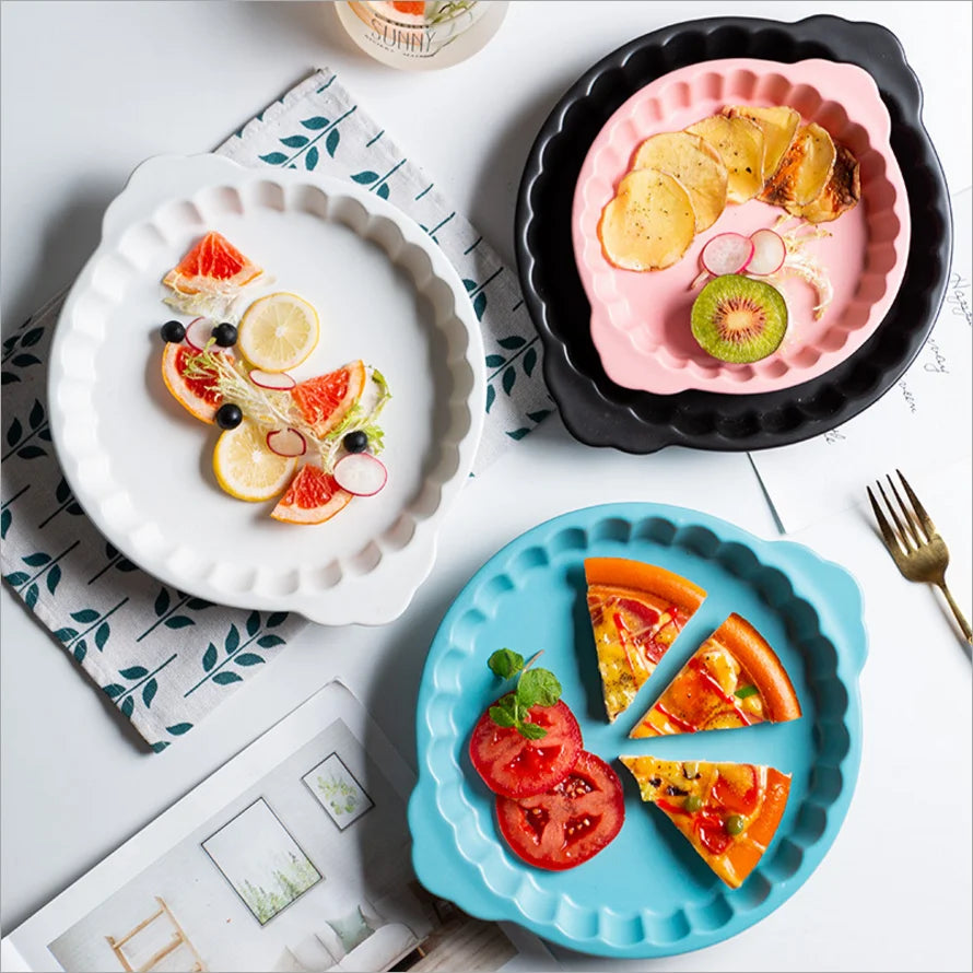 Creative Design Round Bakeware Set Two Handles Ceramic Porcelain Baking Dish Kitchen Cake Pasta Pie Pizza Baking Plate Pan Set