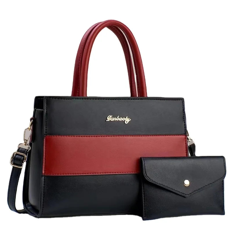2024 New Fashionable Versatile Handbag Patchwork Color Contrast Two-Piece Set Large Capacity Casual Style Zipper Closure PU