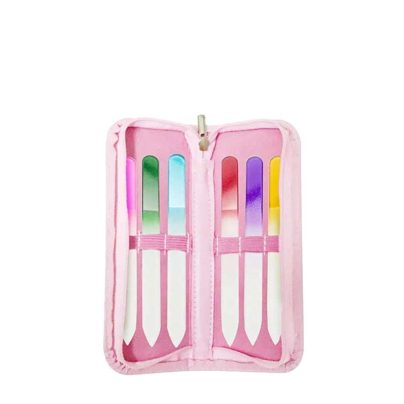 6-Colors Professional Glass Nail File Crystal Nail File With PU Leather Case