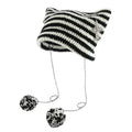 Women's Winter Knitted Beanie Hats Stripe Ears Stretchy Soft Thin Slouchy Warm Cable Cat Ear Flap Winter Knit Hat with Two Balls