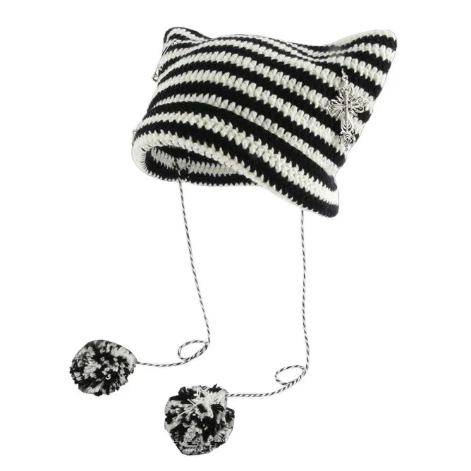 Women's Winter Knitted Beanie Hats Stripe Ears Stretchy Soft Thin Slouchy Warm Cable Cat Ear Flap Winter Knit Hat with Two Balls