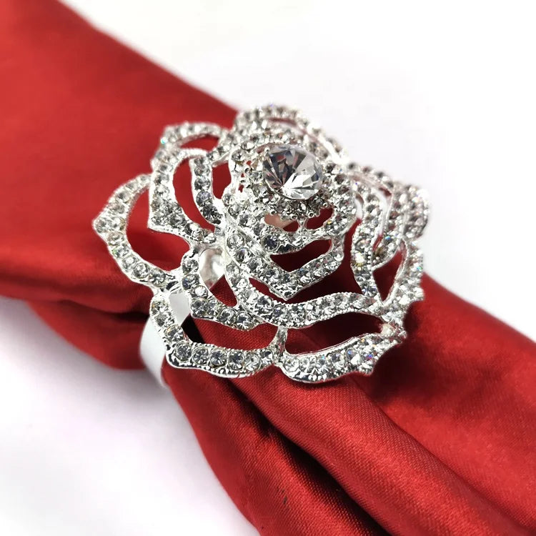 2024 Vintage Hotel Napkin Buckles Holder Bedazzled Rhinestone Rose Flower Metal & Crystal With Pearl Stocked for Party Christmas