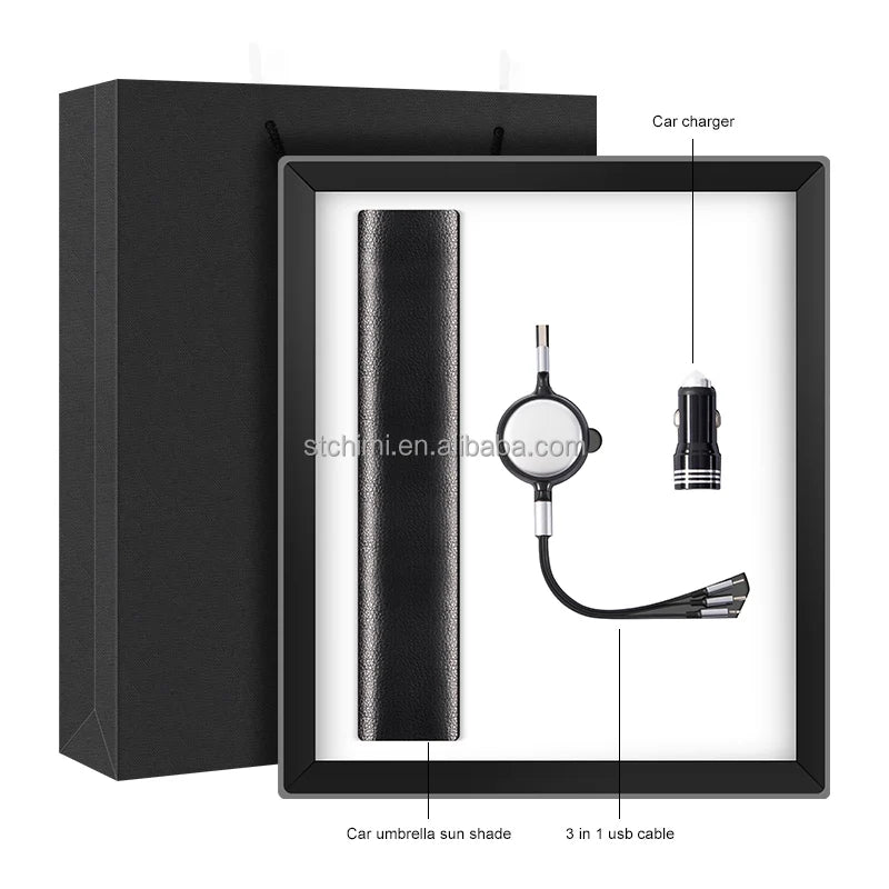 High-End Luxury Eco-Friendly Car Sunshade Umbrella Set Novel USB Cable and Car Charger Personalized Advertising Gift