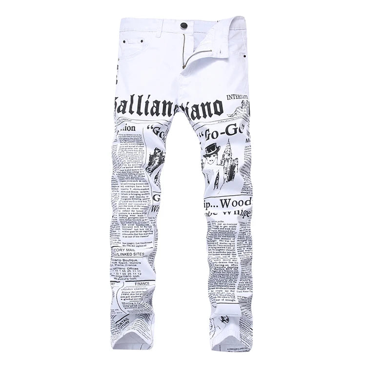 High Street Fashion Mens Jeans Night Club White Color Personal Designer Printed Jeans Men Punk Pants Skinny Hip Hop Jeans