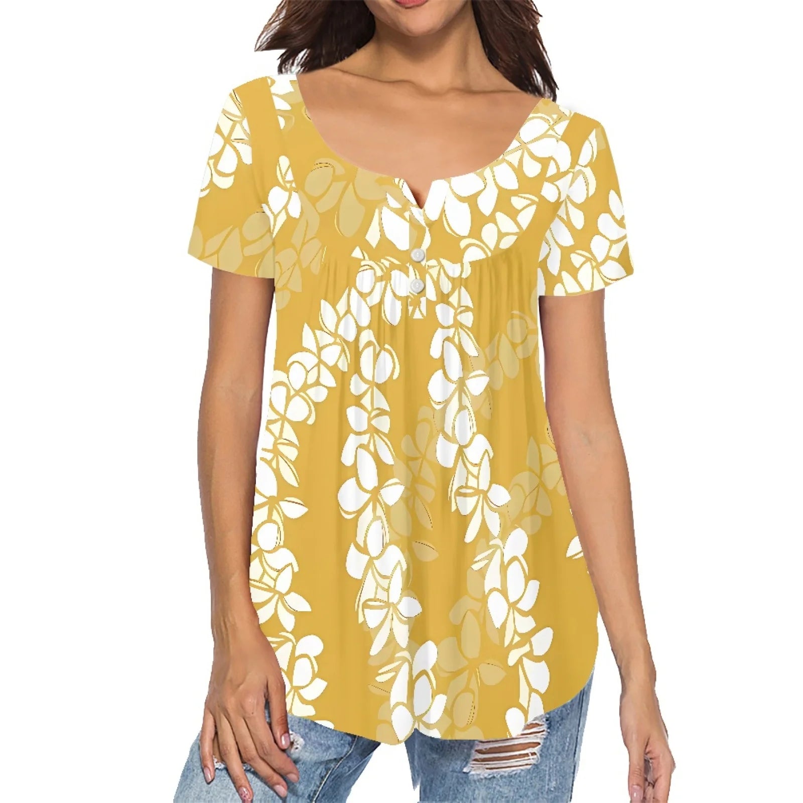 2025 New Classical Women's Summer Casual Short Sleeve Tunic Blouse Tops Yellow Puakenikeni Hawaiian Design Vintage Print Demand