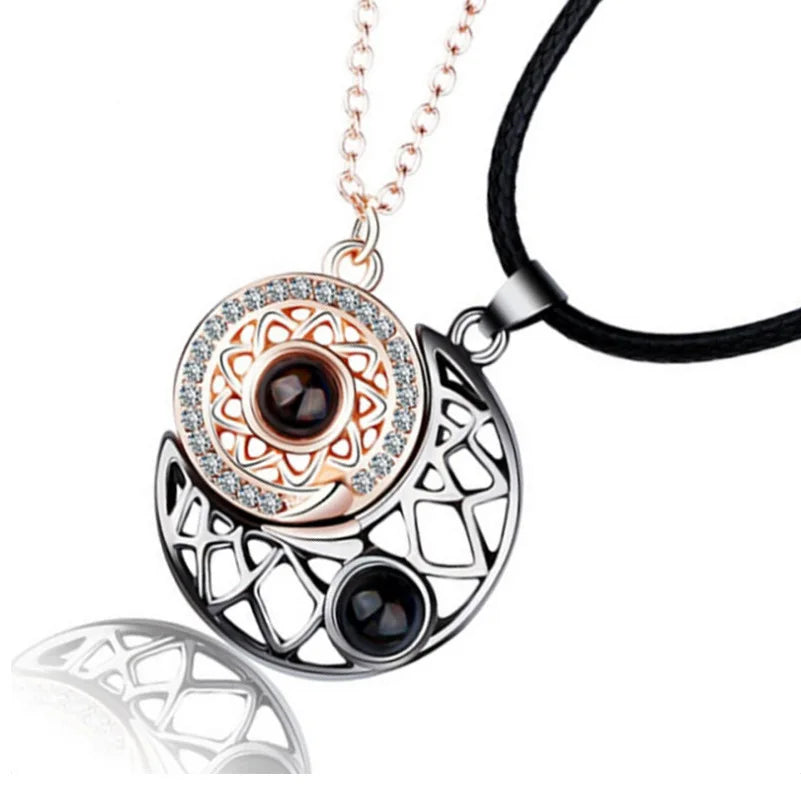 Astrology Wiccan I Love You in 100 Different Languages Crescent Moon Sun Pendant Couple Lovers Chains Necklace Jewelry