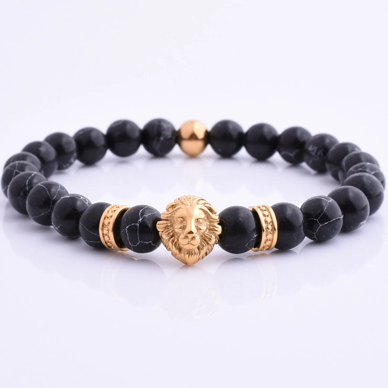 Hot Sale Popular Selling Black Turquoise Stretch 8Mm Bead Bracelet  18K Gold Lion Head  Natural Stone Bracelet
