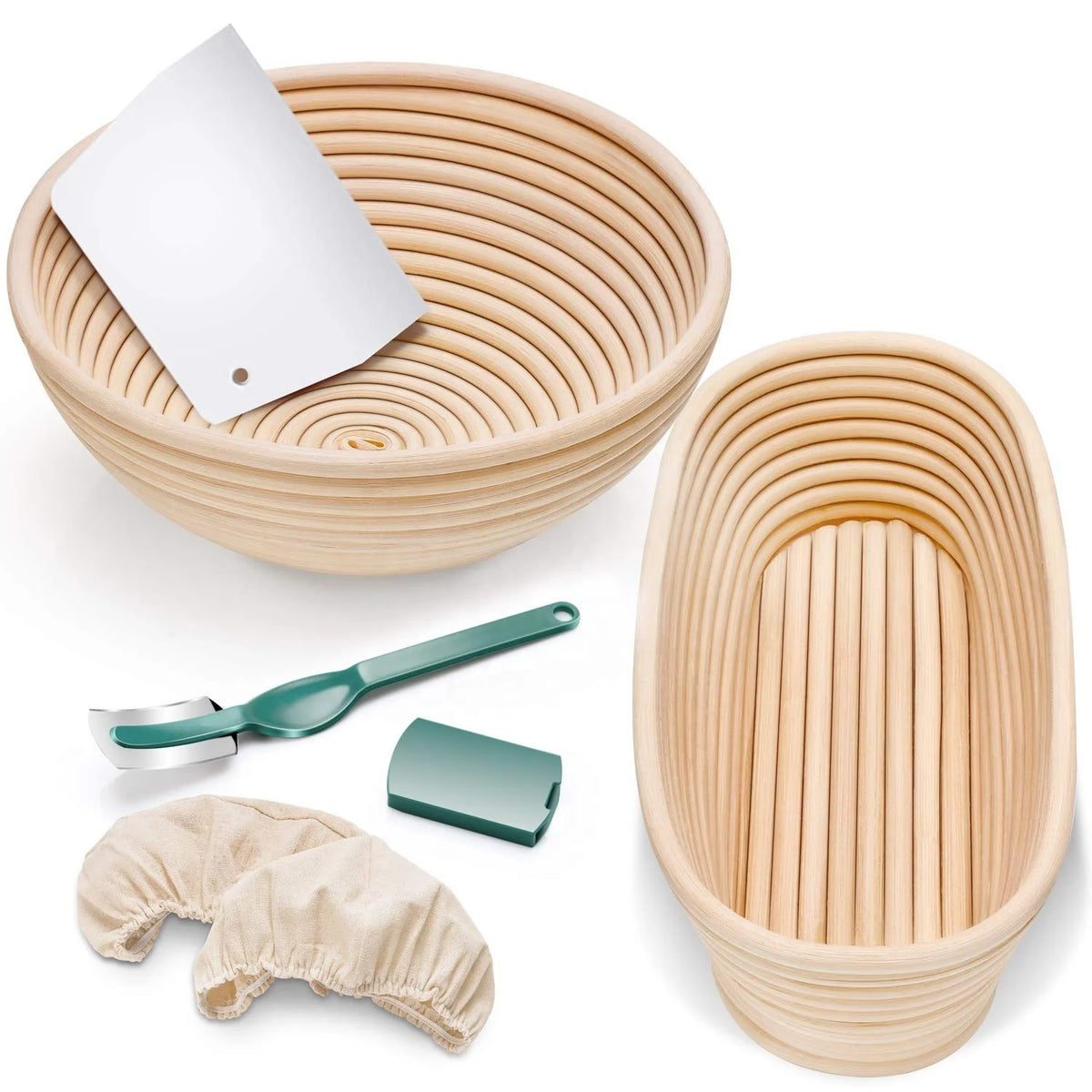 Baking Tools Round and Oval Rattan Bread Proofing Basket Set With Bread Lame Dough Scraper Cloth Liner