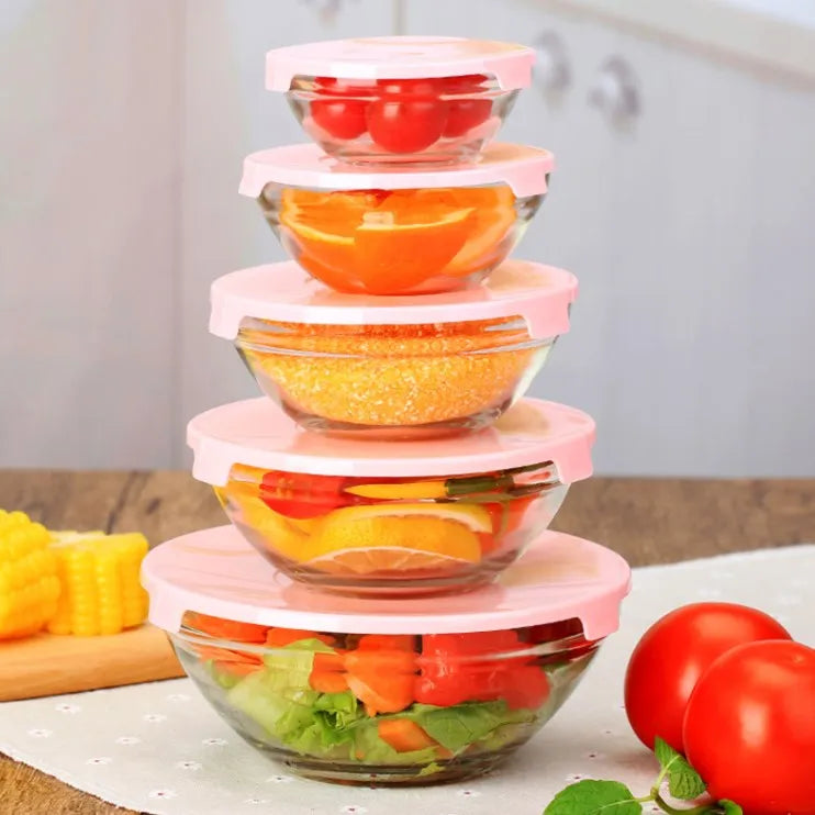 Factory 5pcs Hot Sale Eco Friendly Round Home Decor Clear Heat Resistant With Lid Fruit Salad Food Glass Bowl Set