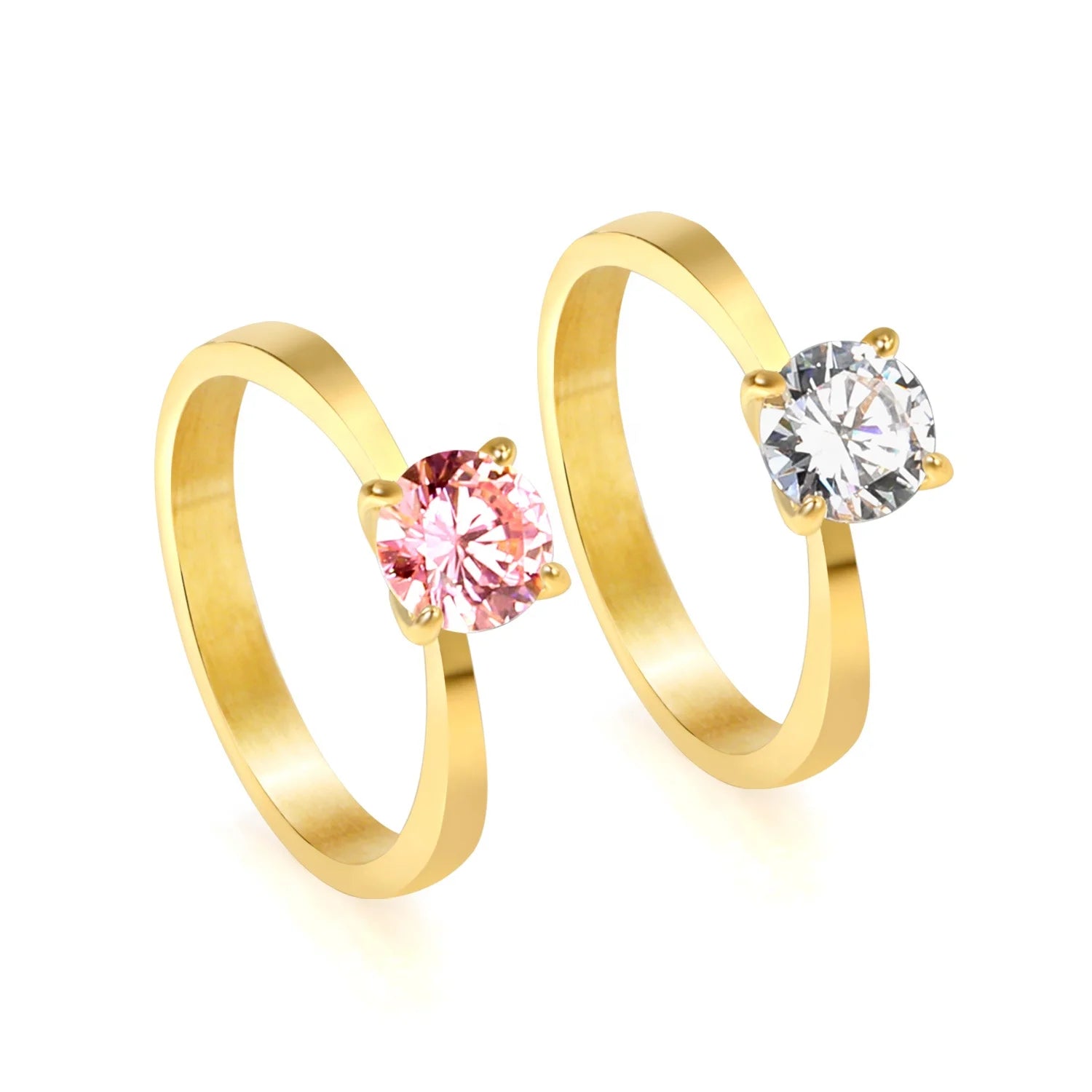 Women Wedding Rings Fashion Stainless Steel Ring Waterproof Gold Plated White Pink Round Brilliant Cut CZ Cubic Zirconia Rings