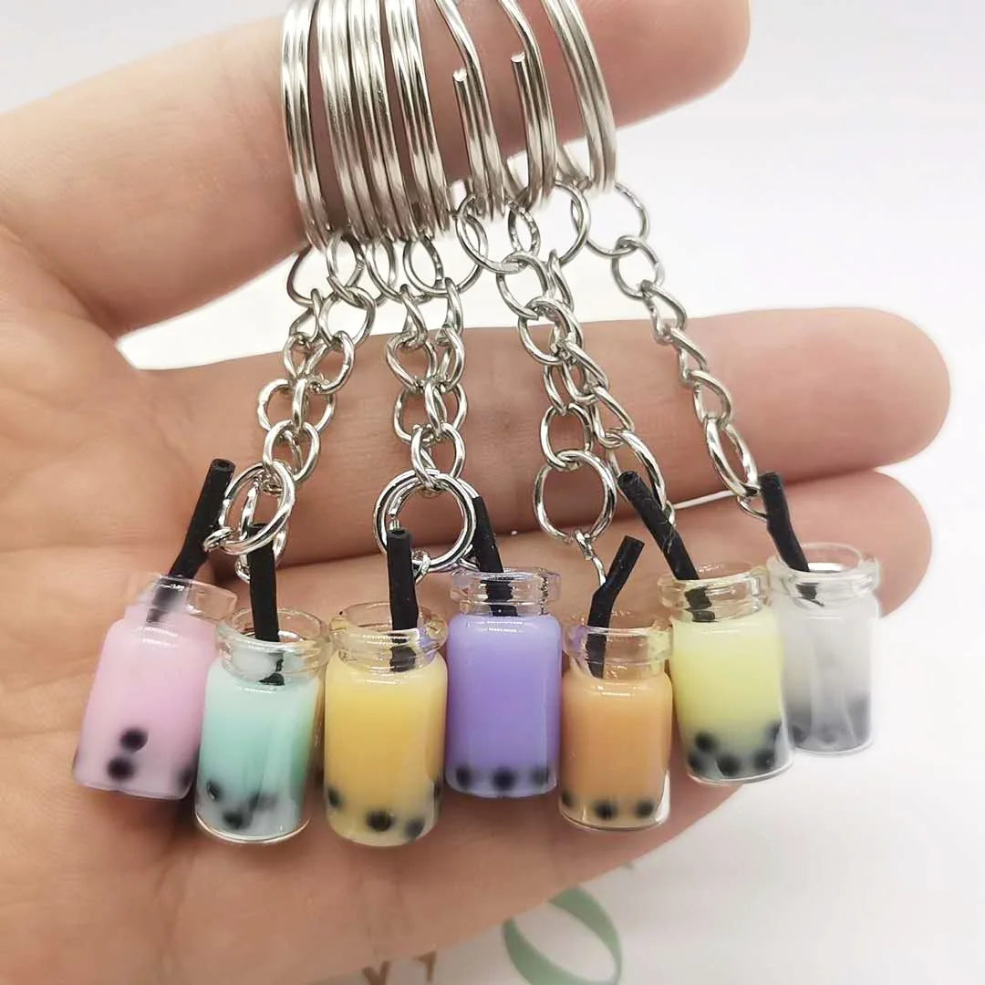 Mini Cute Fashion Handmade Resin Plastic Pearl Milk Tea Coffee Drinking Cup Key Chains Kerings Alloy Charms Gifts Wholesale