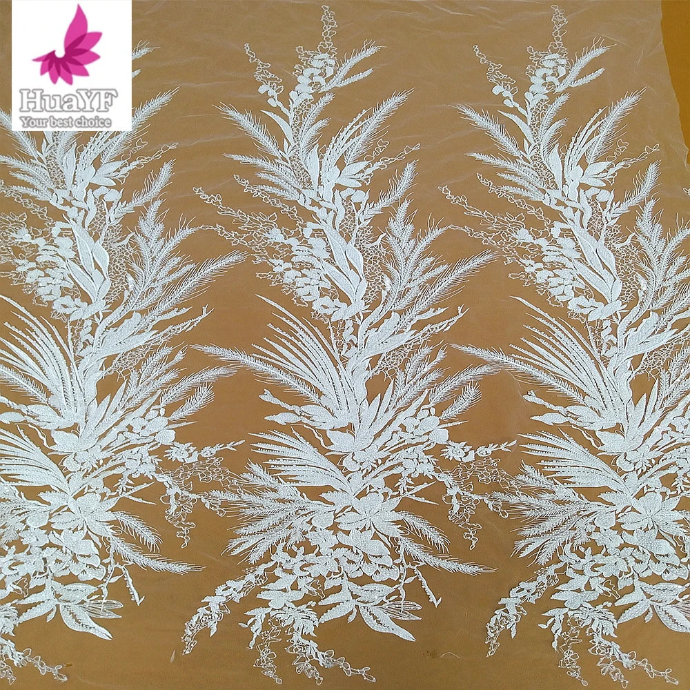 HY2990 Latest White 3d Romantic Flower Beads Embroidered Lace Fabric Wholesale for 2024 African Bride Wedding Dress