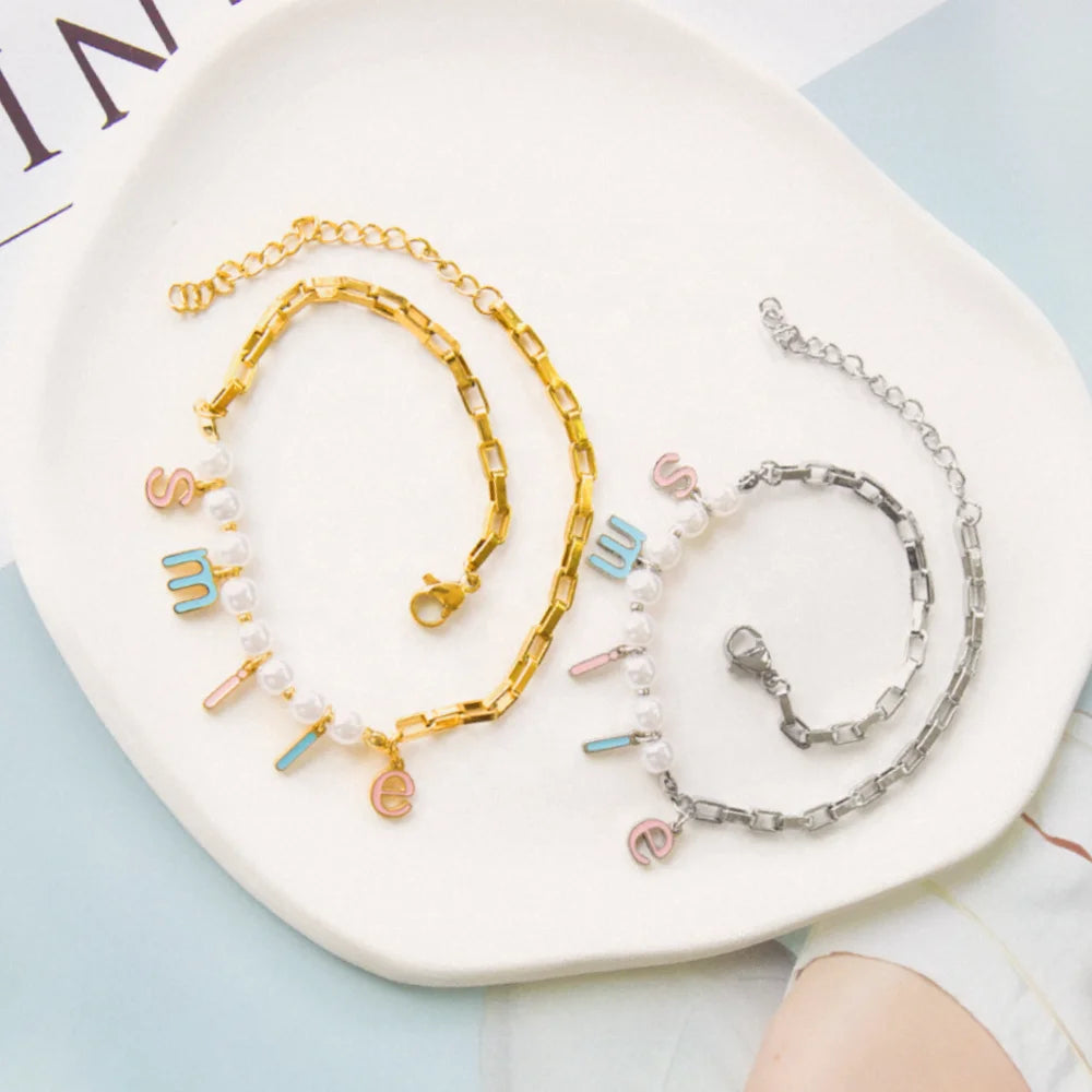 Trend 2022 18K Gold Plated Anklet Custom Mixed SMILE Color Letter Accessories Chain Pearl Stainless Steel Foot Jewelry Anklet