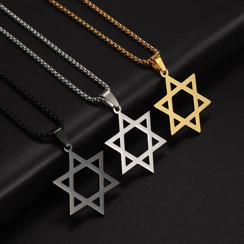 Men's Trendy Stainless Steel Simple Smooth Hexagram Star Pendant Necklace with Box Lin Chain Fashion Jewelry