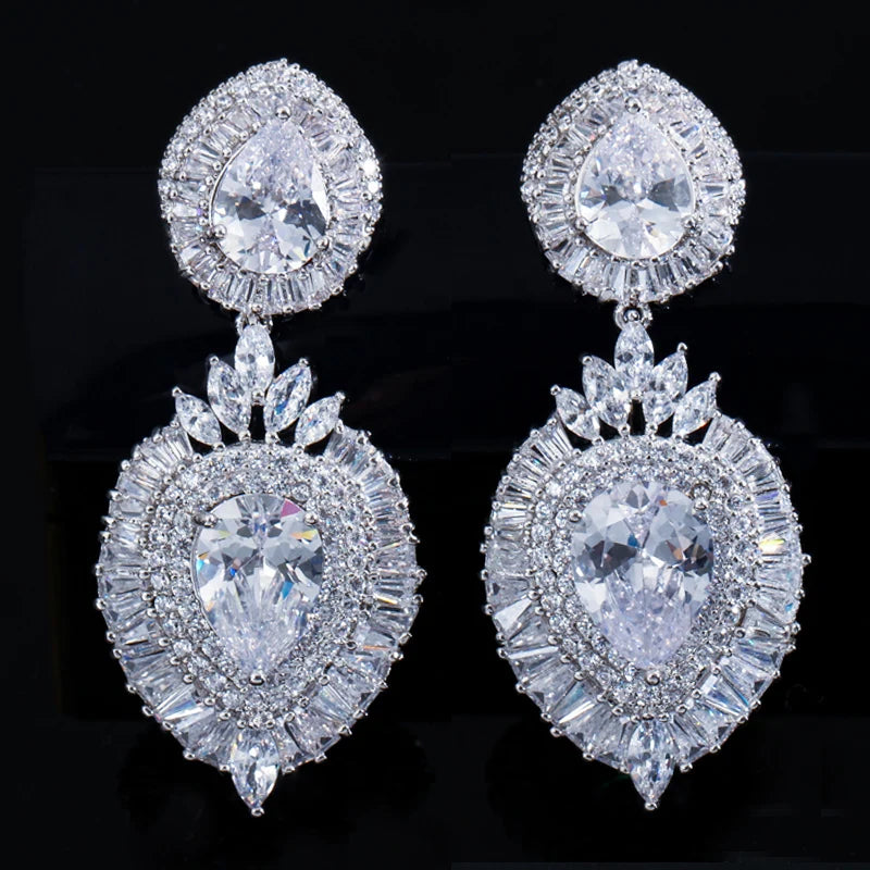 Luxurious Quality Cubic Zirconia Long Large Statement Dangle Women Grand Party Wedding Costume Earrings for Bridal Jewelry Gift