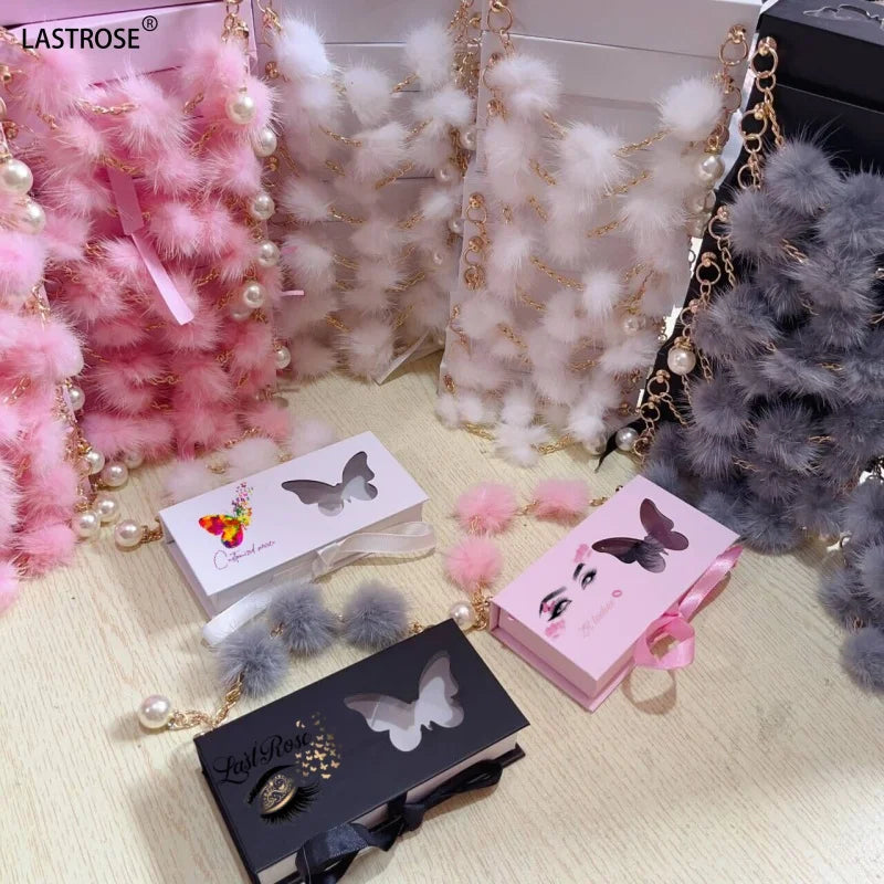 Full Strip Lash Packaging Boxes with Pom Chain Wholesale Private Label Empty Pink White Butterfly Paper 3D Mink Lash Chain Box