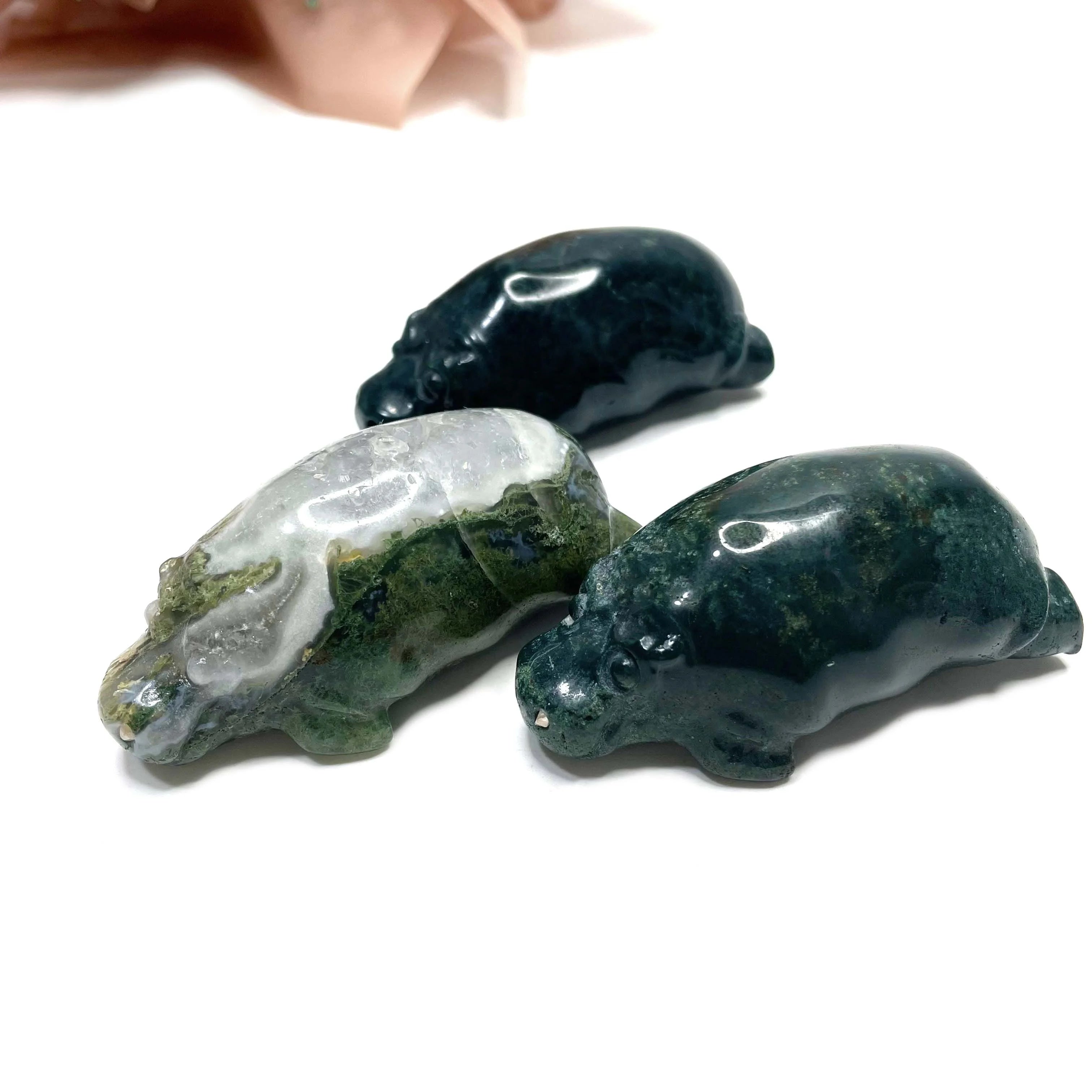 Small Natural Moss Agate Gemstone Hippo Sculpture Crystal Animals Carving Engraving Model Love Theme Gift for Adults