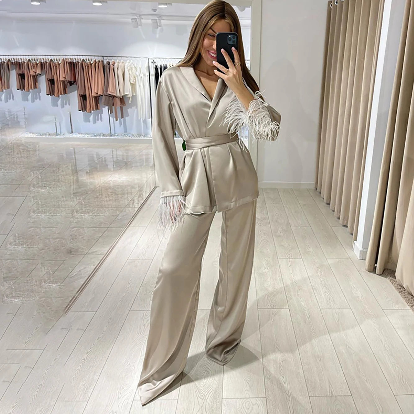 Belted Long Sleeve Wrap Robe Top And Pants Loungewear Autumn Satin 2 Piece Set Women Pajama With Feathers