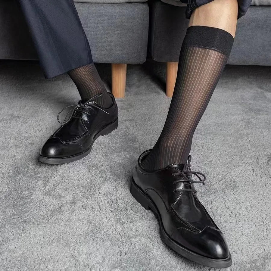 Men Silk Sheer Dress Socks Mid Calf  Ultra Thin Nylon Dress Sock Soft Daily Casual Stockings Work Business Sox