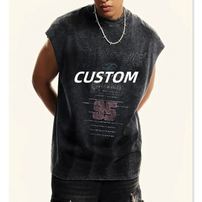 Summer 310G 100% Cotton Wash Spray Paint Printing Short Sleeve Singlets Football Gym Training Vest Running tank Tops for Men
