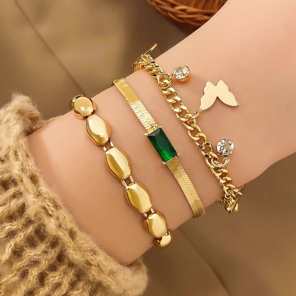 VKME Classic Green Classic Green Crystal Butterfly Pendant Bracelets for Women Luxury Designer Jewelry Bangle Set