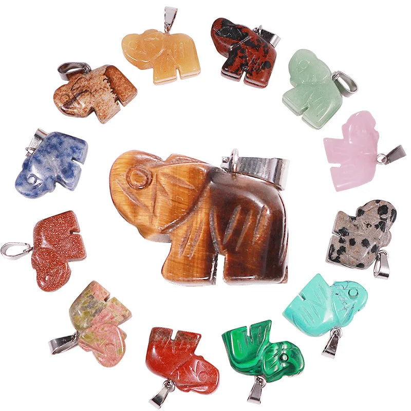 Wholesale Natural Stone Hand Carving Crystal Elephant Pendant Necklace Gemstone Jewelry